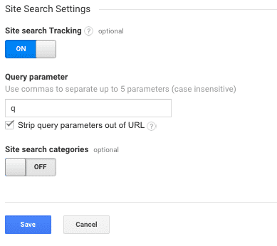 Google Analytics site search settings