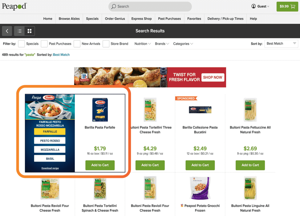 Pasta search results page on Peapod dot com showing various boxes of pasta as well as an ad for Barilla pasta