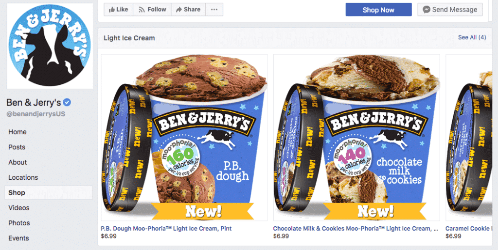 Ben & Jerry's Facebook shop example