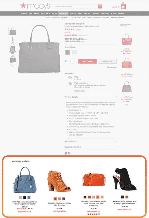 A Kate Spade handbag product page on Macys dot com showing sponsored product recommendations at the bottom