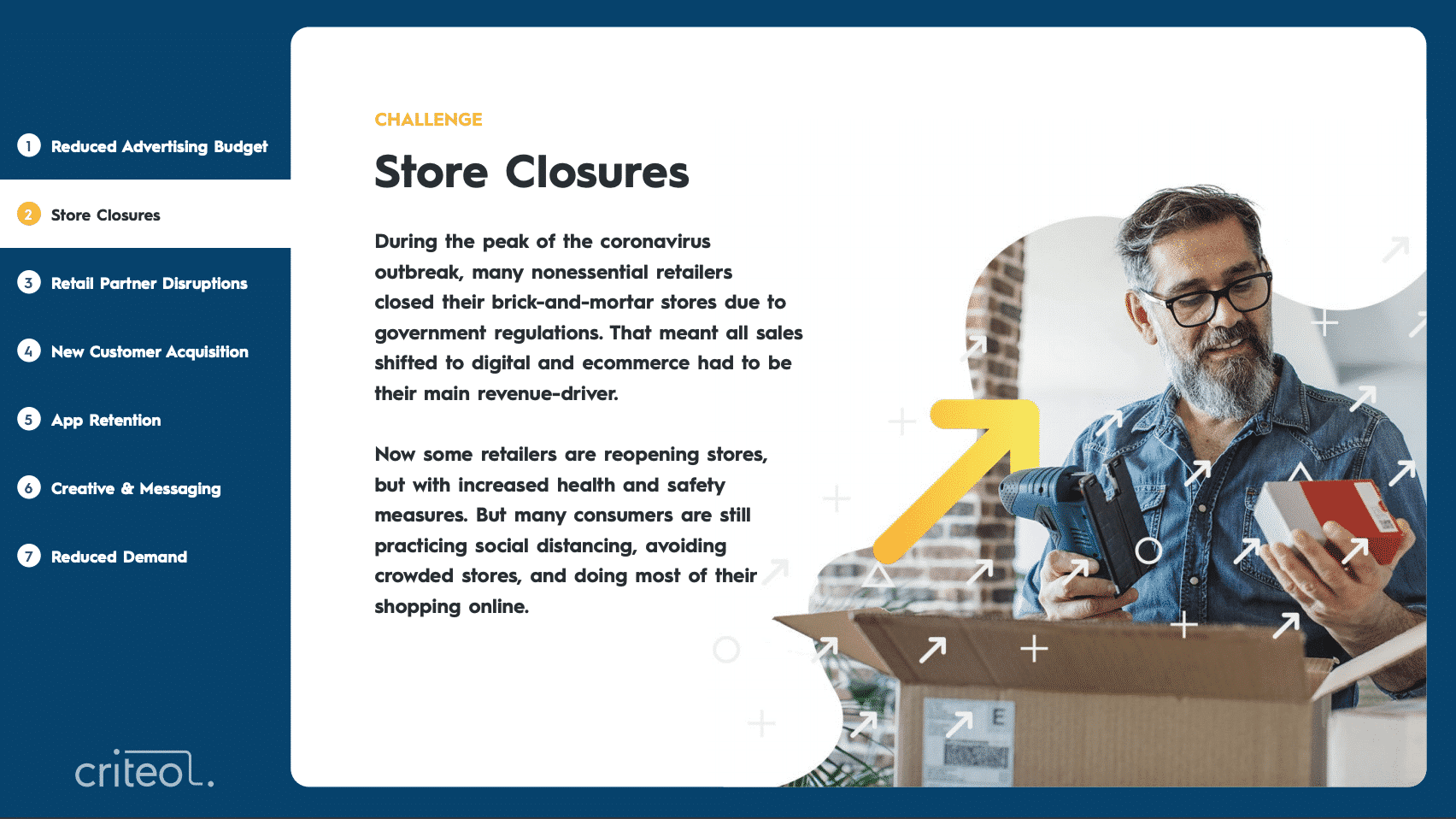 Challenge: Store Closures. During the peak of the coronavirus outbreak, many nonessential retailers closed their brick-and-mortar stores due to government regulations. That meant all sales shifted to digital and ecommerce had to be their main revenue-driver. Now some retailers are reopening stores, but with increased health and safety measures. But many consumers are still practicing social distancing, avoiding crowded stores, and doing most of their shopping online.