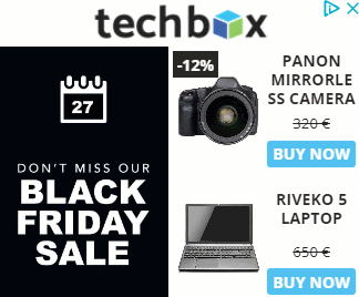 A display ad for a fictional tech company featuring items on sale for Black Friday.