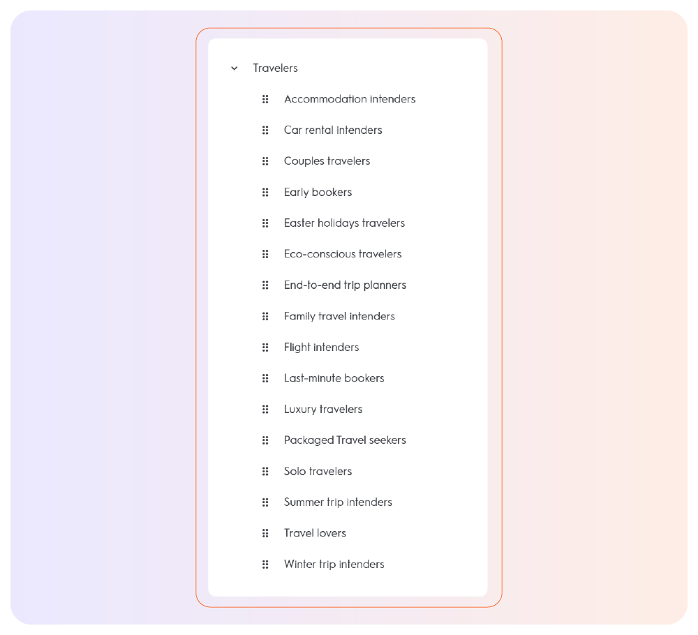 List of traveler segments in Criteo Commerce Growth